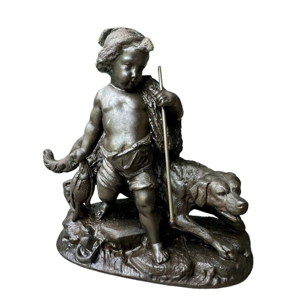 VTG French Style Cast‎ Bronze Sculpture 6.75 Inch Boy Fish Spear Cast Net Dog